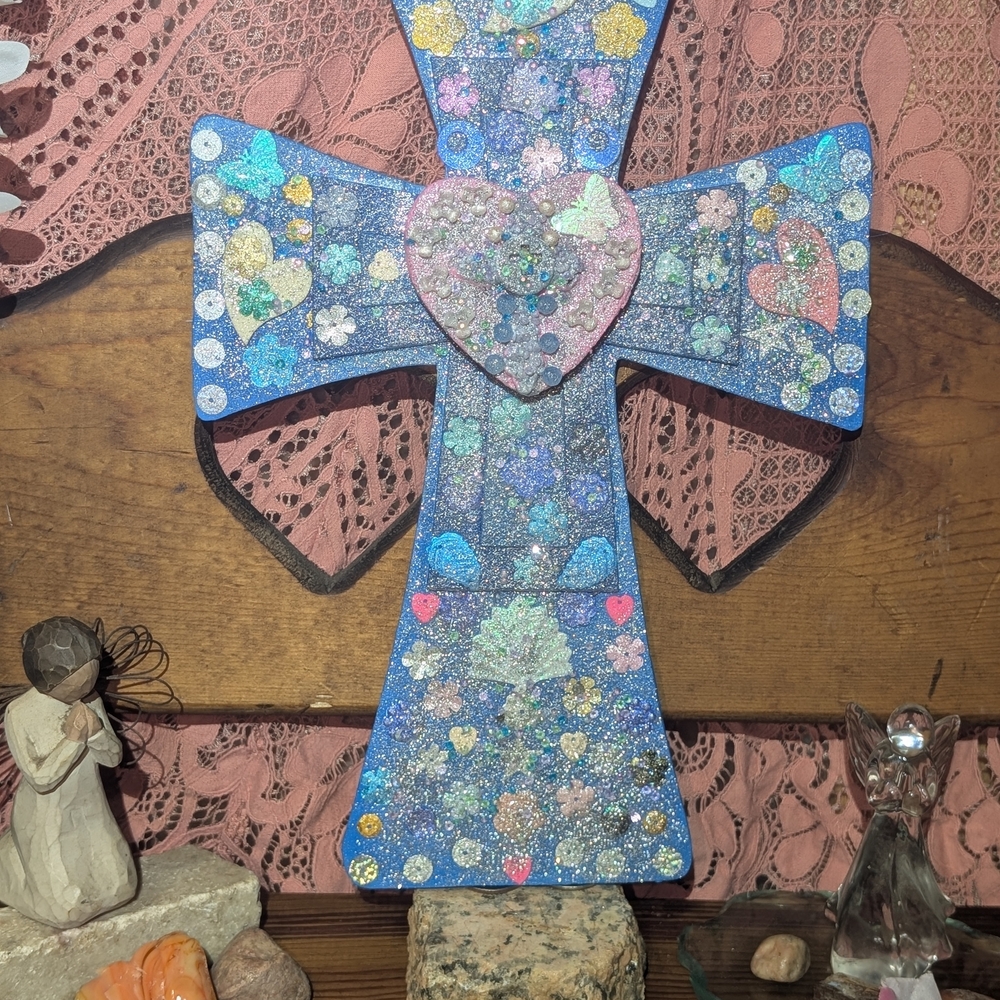 Handcrafted Blue Glitter Decorative Wall Cross with Hearts